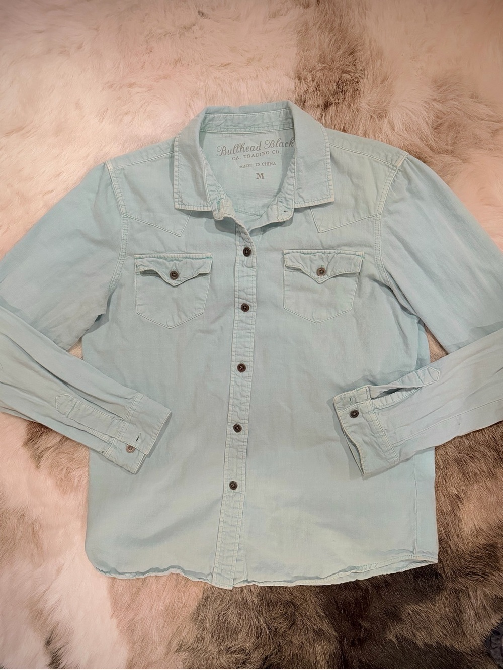 Bullhead Black Light Teal Blue Denim Shirt Chest Pockets Medium 100% cotton